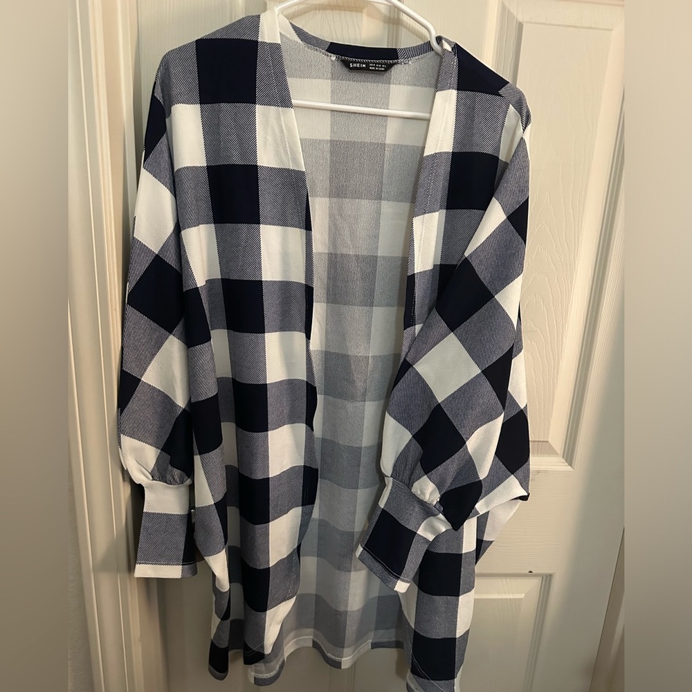 Navy and white checkered cardigan